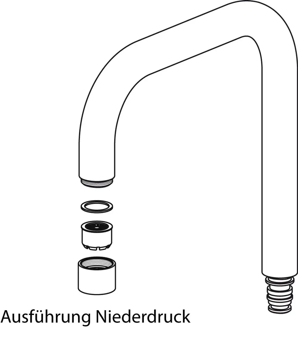 Illustration eines Rohrauslaufs mit mehreren Komponenten. Die Darstellung zeigt die Einzelteile des Produkts, hergestellt von Ideal Standard, für eine Niederdruckausführung.